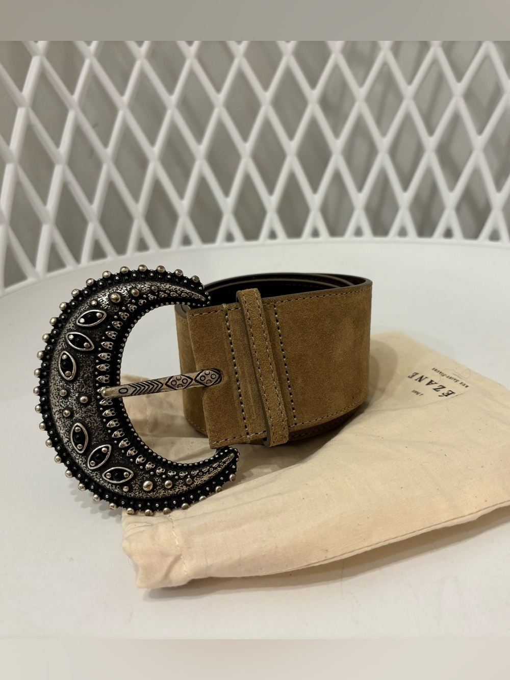 Sezane Suede Belt with Decorative Crescent Buckle - Brown
